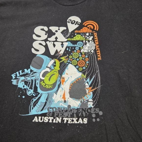 SXSW 2010 Festival T-Shirt Austin Texas American Apparel XL Black Graphic Tee